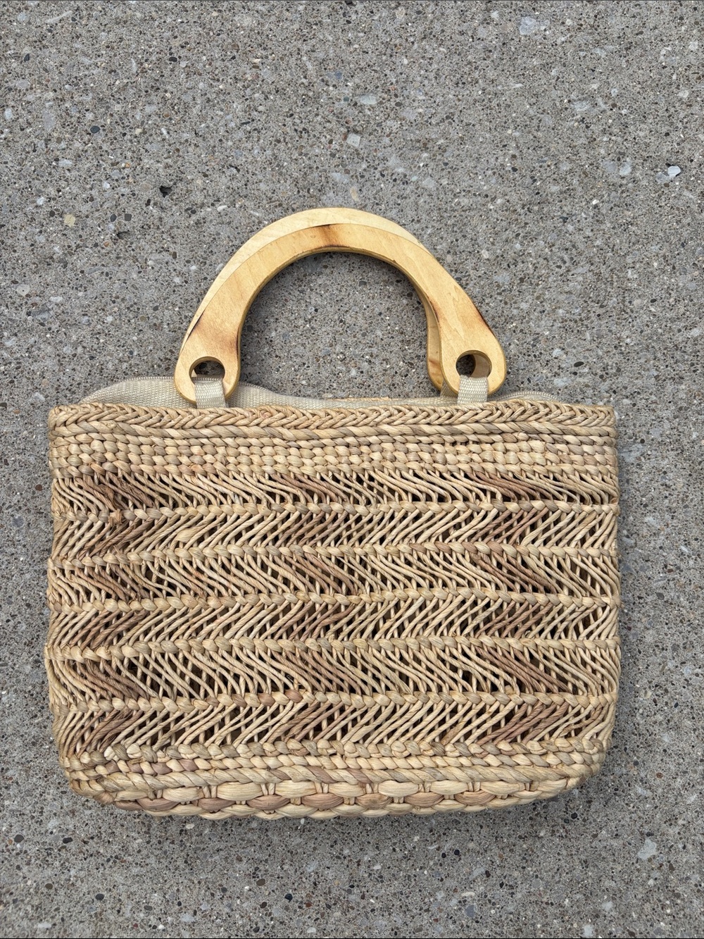 Woven Straw Tote with Wooden Handles - Natural